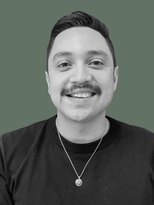 Man with hair styled to one side and a thin mustache wearing a dark colored t-shirt looking directly at the camera smiling. The image has a monochrome filter with an green background.