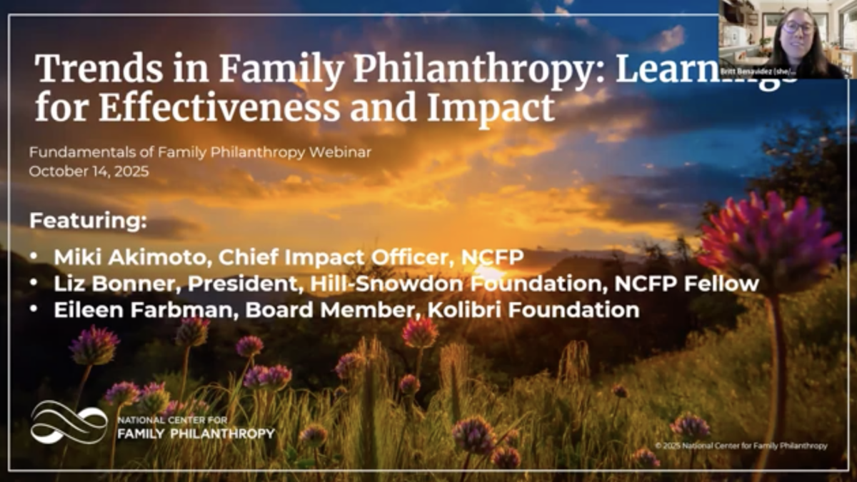 Webinar title slide for Trends in Family Philanthropy: Learnings for Effectiveness and Impact, NCFP's Fundamentals of Family Philanthropy Webinar, October 14, 2025, featuring Miki Akimoto, Liz Bonner, and Eileen Farbman, with a golden-hour meadow background and presenter thumbnail video in the corner